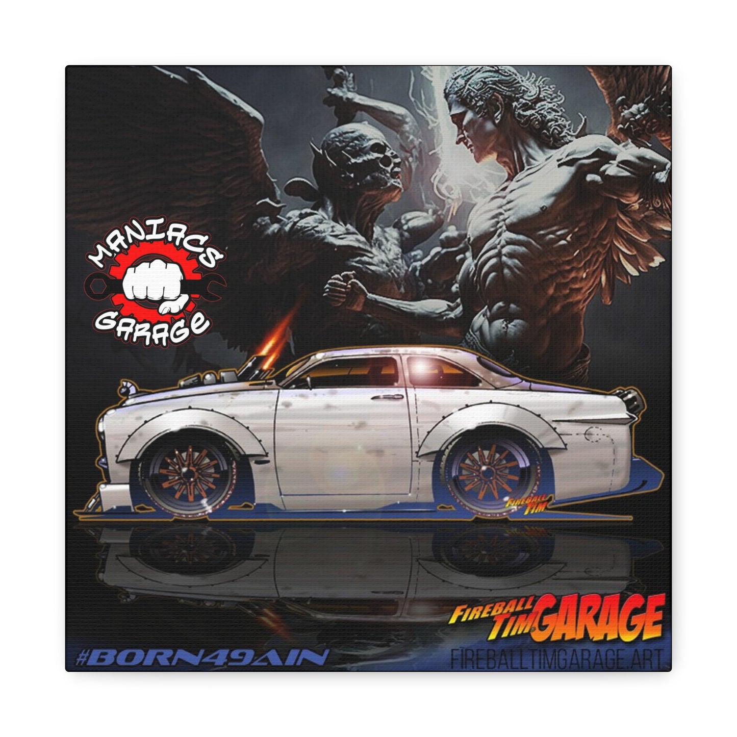 MANIACS GARAGE BORN49AIN 1949 FORD Concept Art Canvas Print 12x12