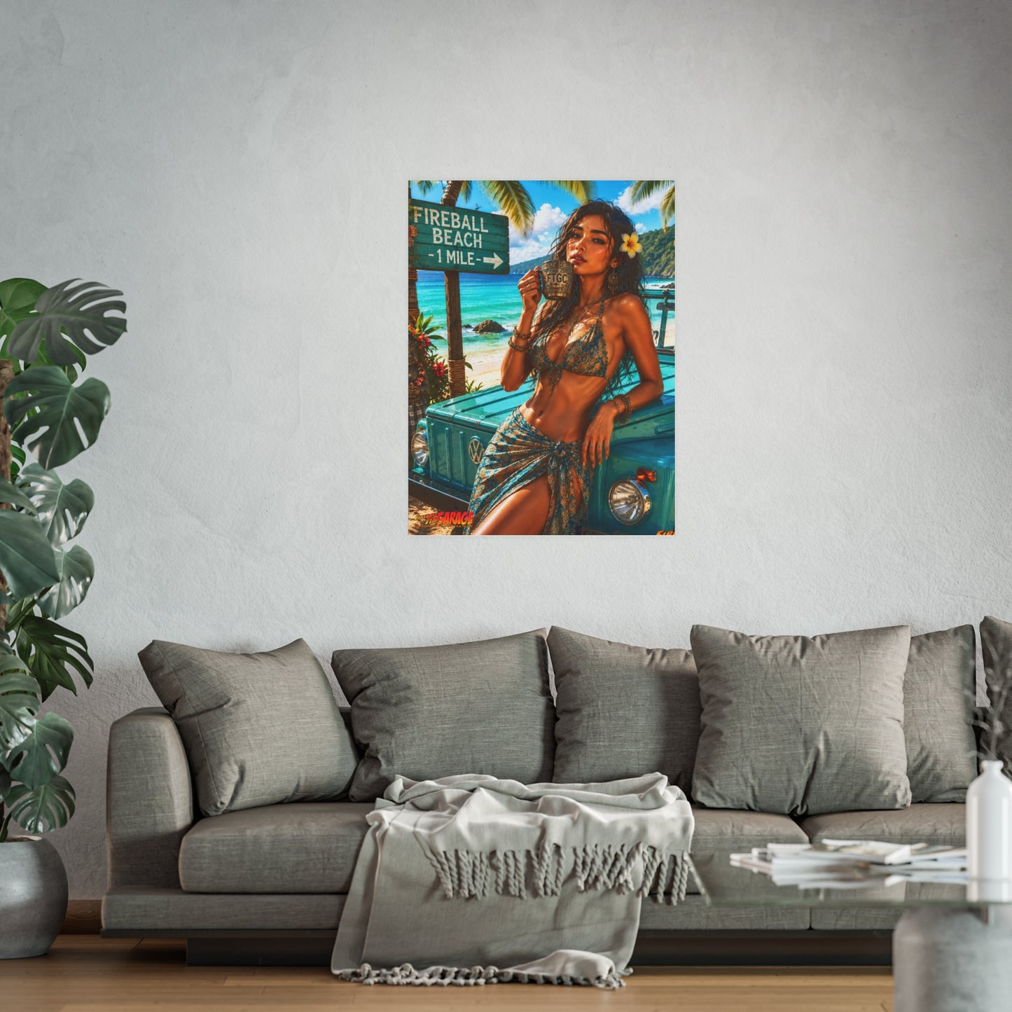 BALI BEACH VW Thing Vintage Fireball Art Travel Poster Satin/Matte