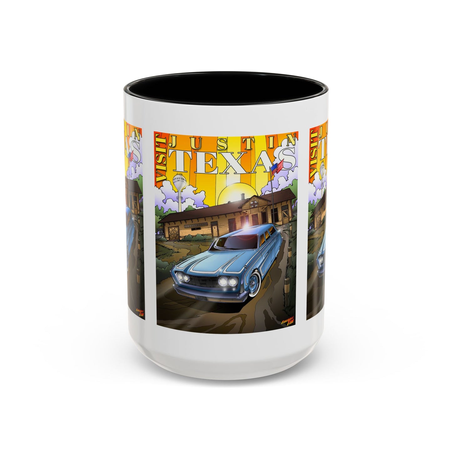 VISIT JUSTIN TEXAS 1960 Ford Ranch Wagon Fireball Art Coffee Mug