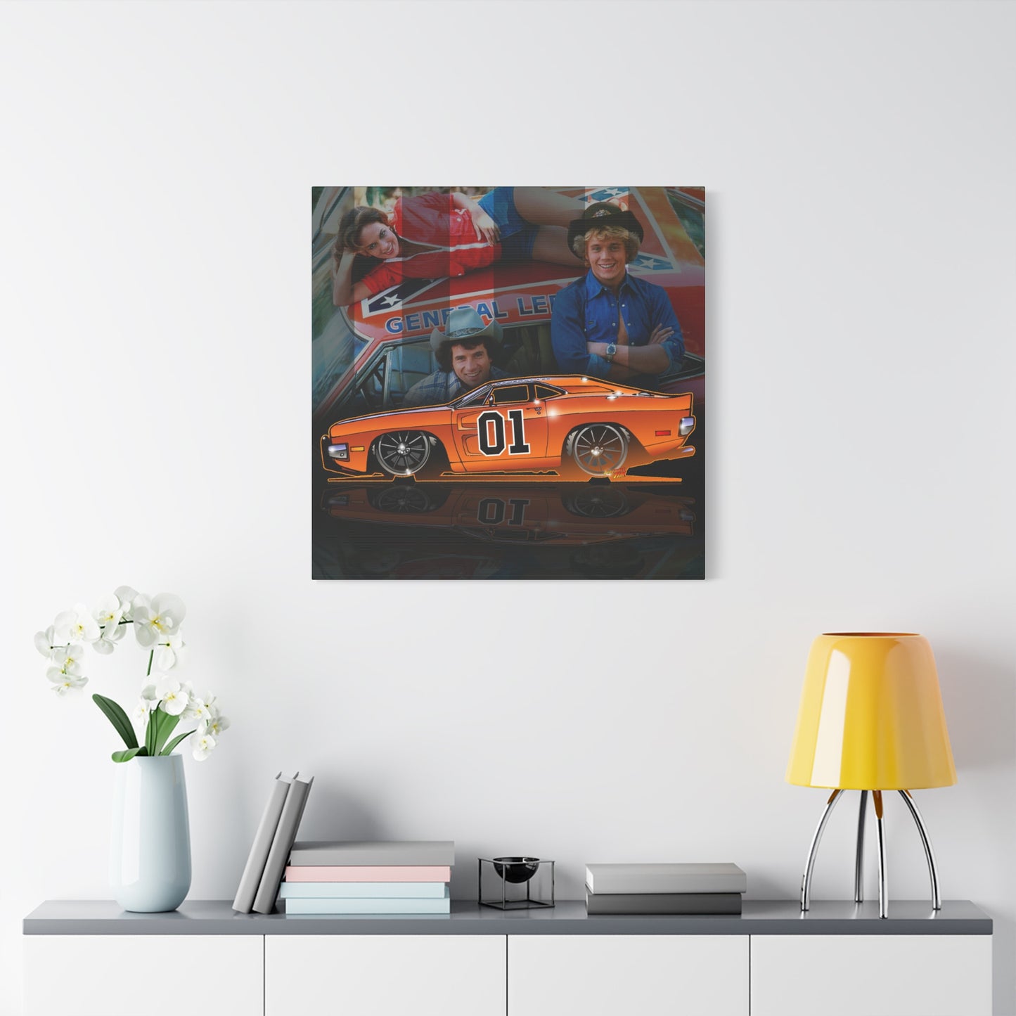 DUKES OF HAZZARD General Lee Dodge Charger Fireball Art Canvas Wall Print - 12x12