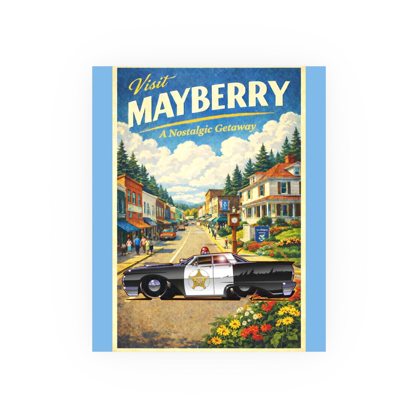VISIT MAYBERRY Andy Griffith Police Car Vintage Fireball Art Travel Poster Satin/Matte