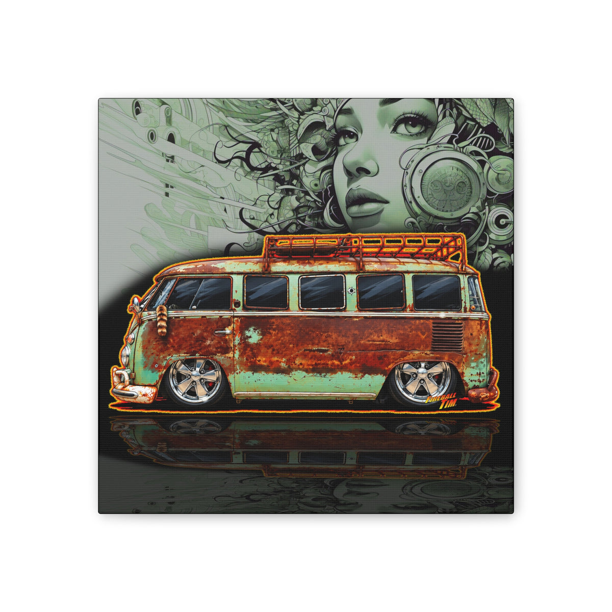 KUSTOM VW VOLKSWAGEN BUS Collectible Fireball Art Canvas Stretched Print