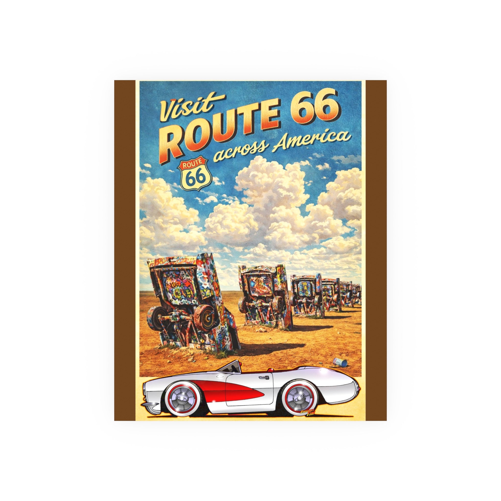 VISIT ROUTE 66 Cadillac Ranch Corvette #1 Vintage Fireball Art