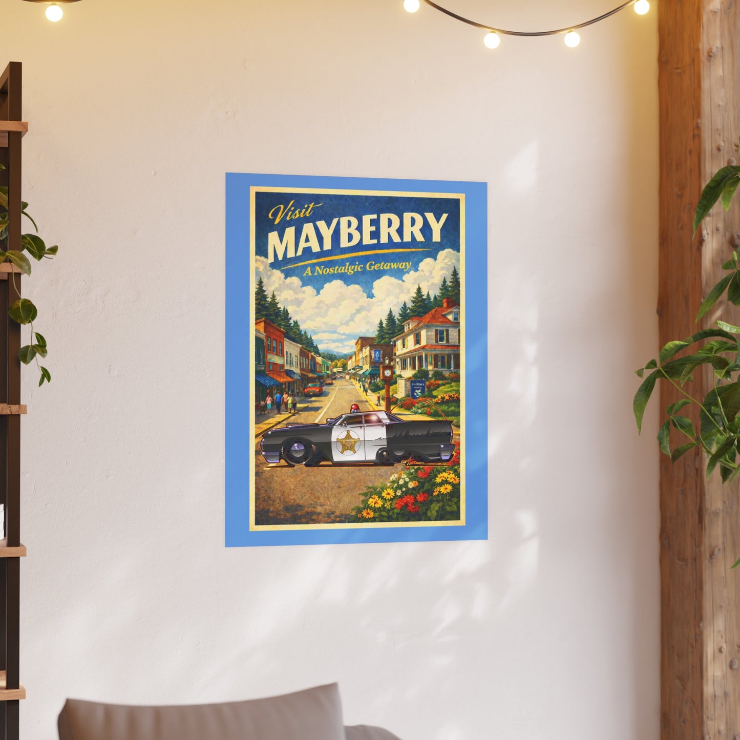 VISIT MAYBERRY Andy Griffith Police Car Vintage Fireball Art Travel Poster Satin/Matte