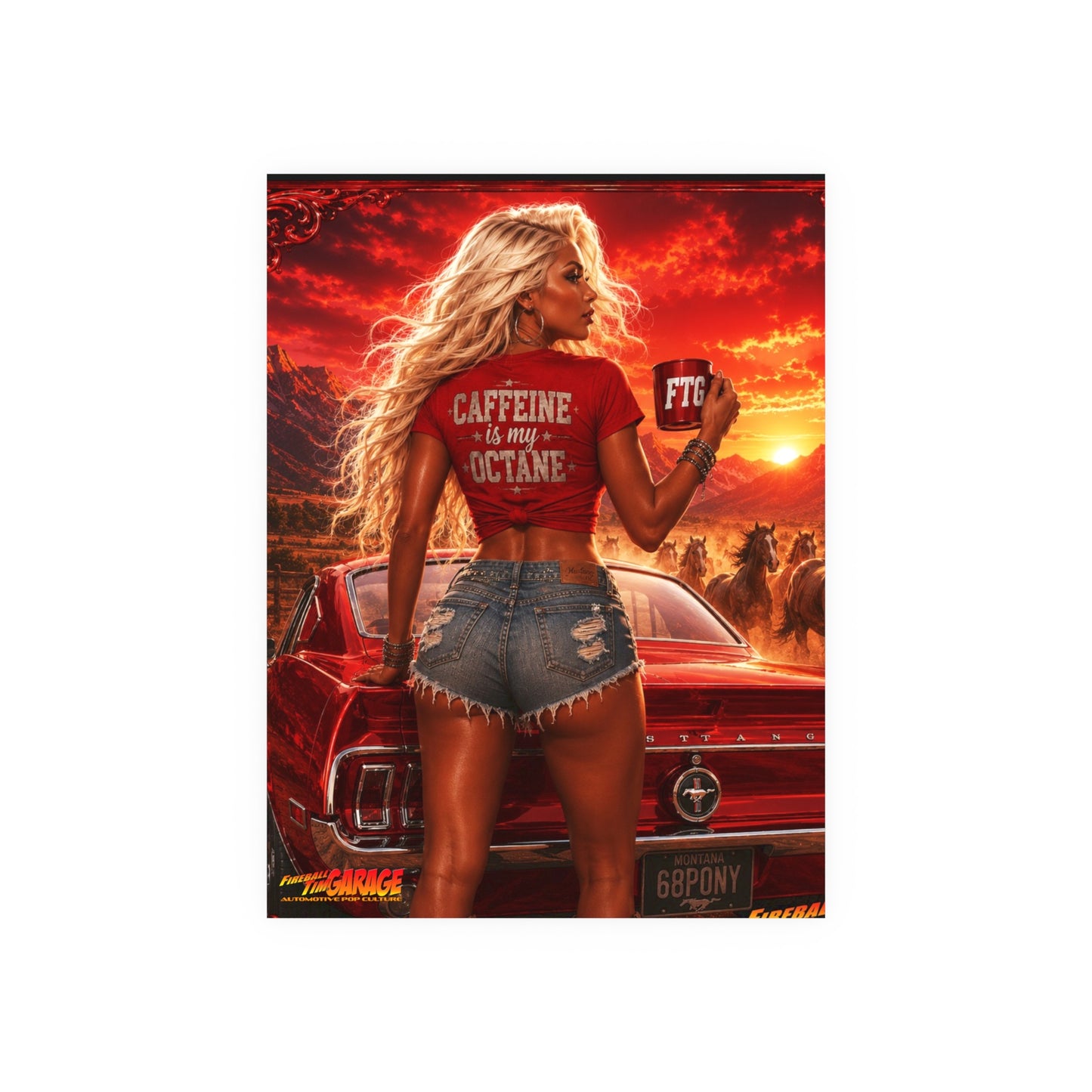 CINNABON FIRE ROAST Ford Mustang Vintage Fireball Art Travel Pinup Poster