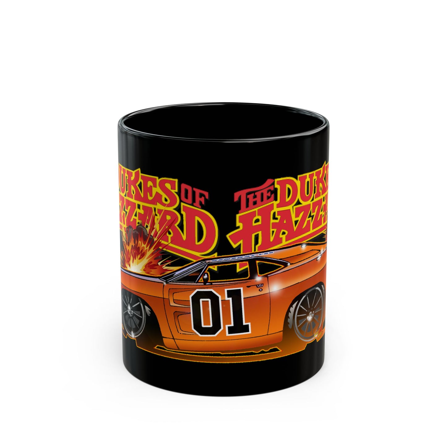 DUKES OF HAZZARD '01' Orange General Lee Charger Black Mug — Retro Car Fan Coffee Cup (11oz/15oz)