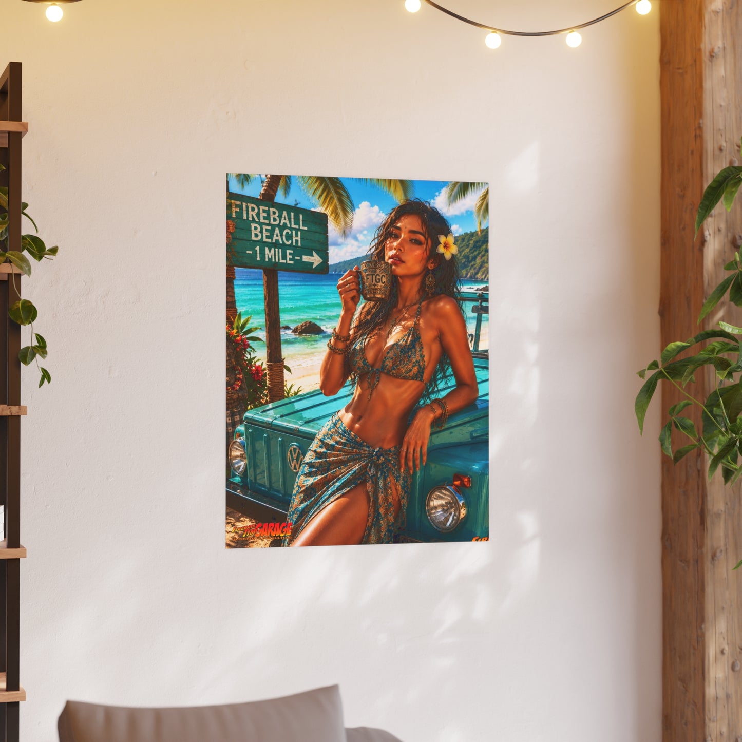 BALI BEACH VW Thing Vintage Fireball Art Travel Poster Satin/Matte