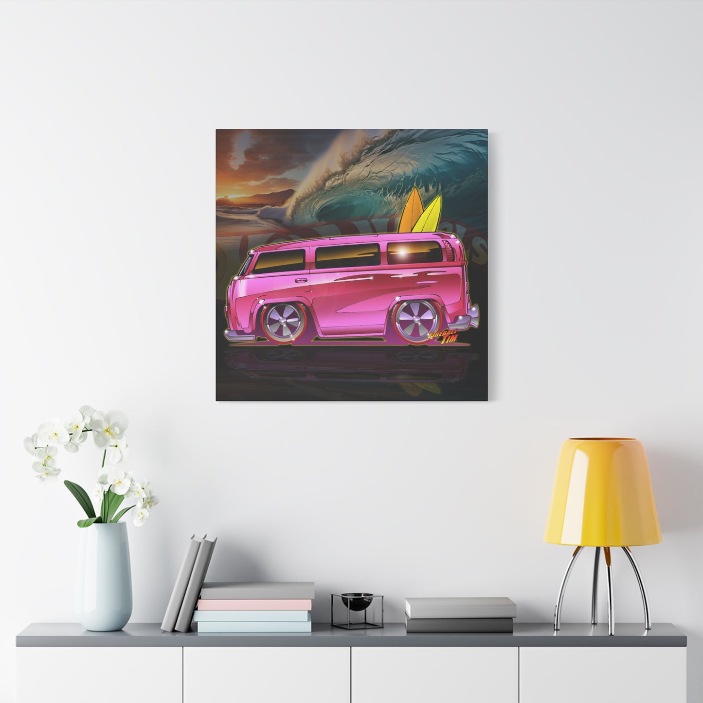 HOT WHEELS PINK BEACH BOMB BUS Fireball Art Canvas Print