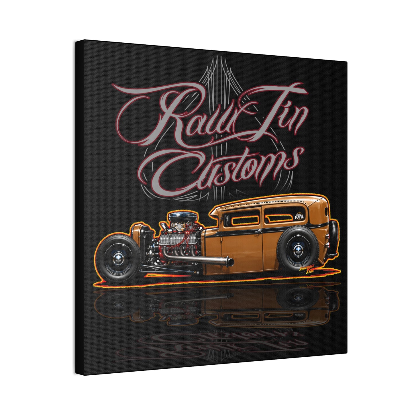 RAWTIN CUSTOMS HOT ROD Collectible Fireball Art Canvas Stretched Print