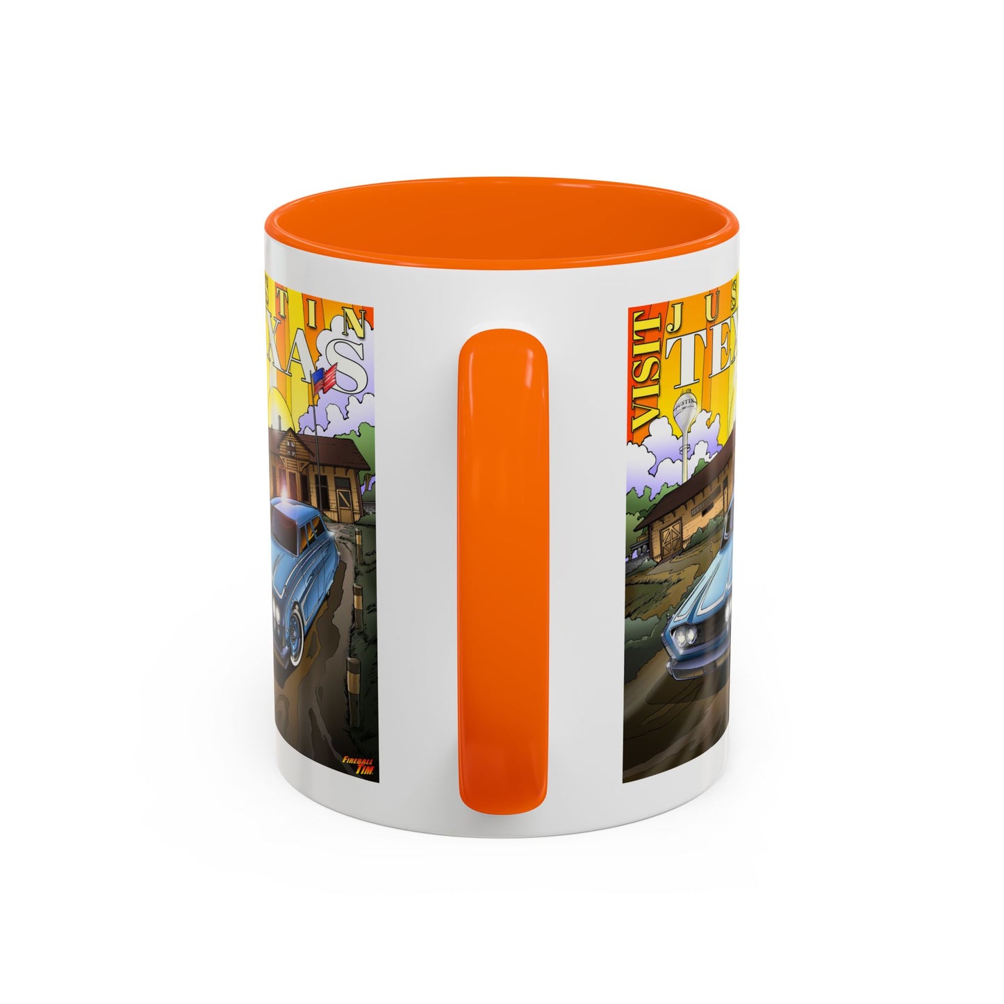 VISIT JUSTIN TEXAS 1960 Ford Ranch Wagon Fireball Art Coffee Mug