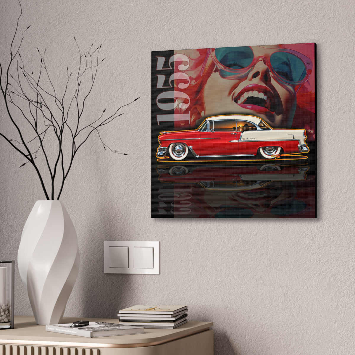CHEVROLET BEL AIR 1955 Classic Car Collectible Fireball Art Canvas Stretched Print
