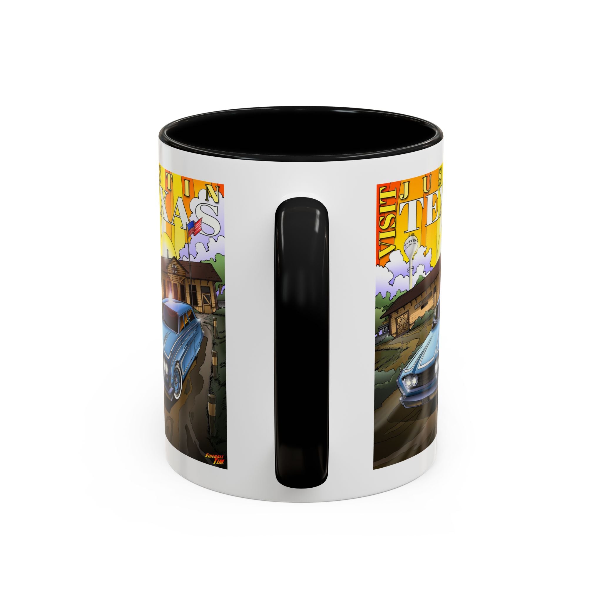 VISIT JUSTIN TEXAS 1960 Ford Ranch Wagon Fireball Art Coffee Mug