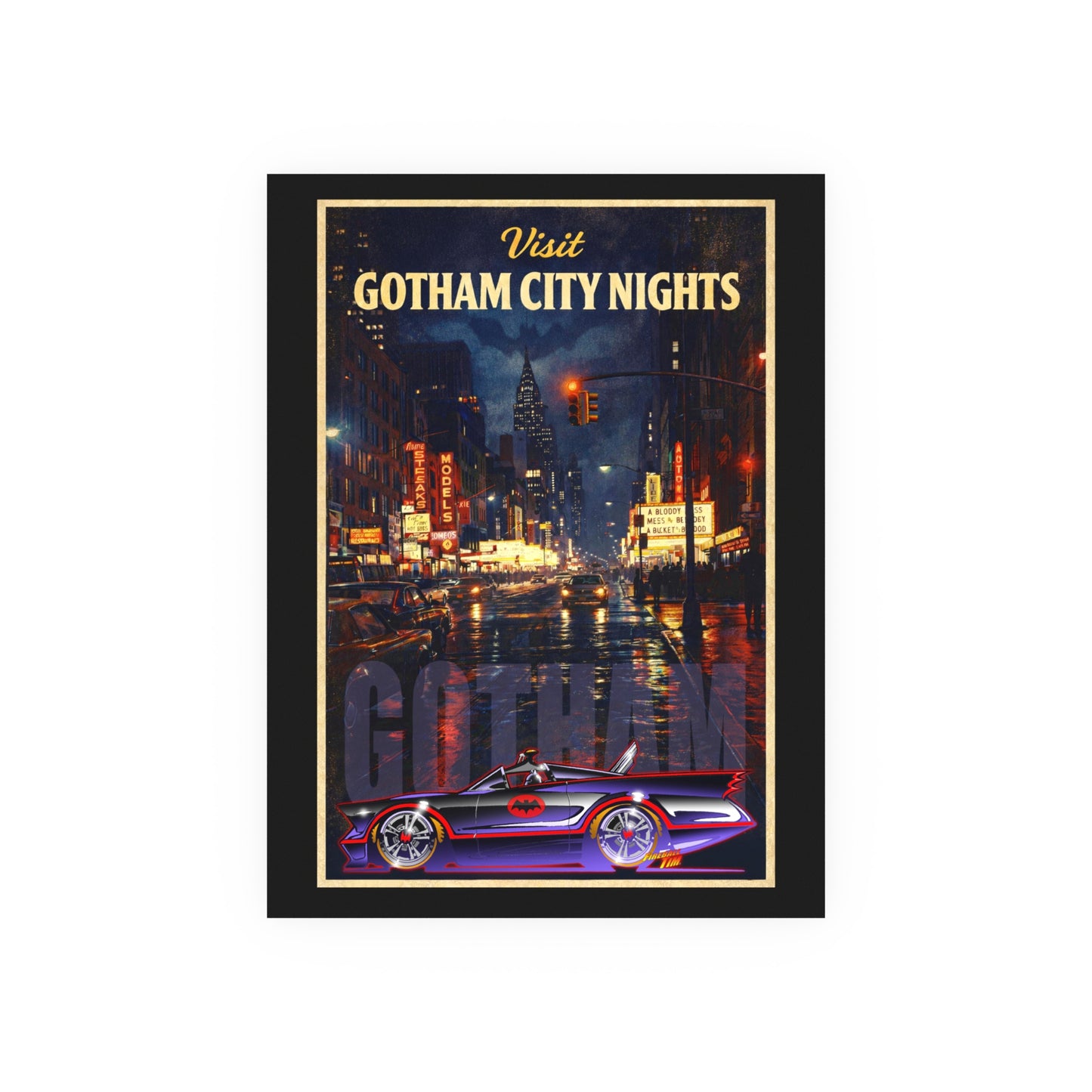 VISIT GOTHAM CITY NIGHTS 1966 Batmobile Vintage Fireball Art Travel Poster Satin/Matte