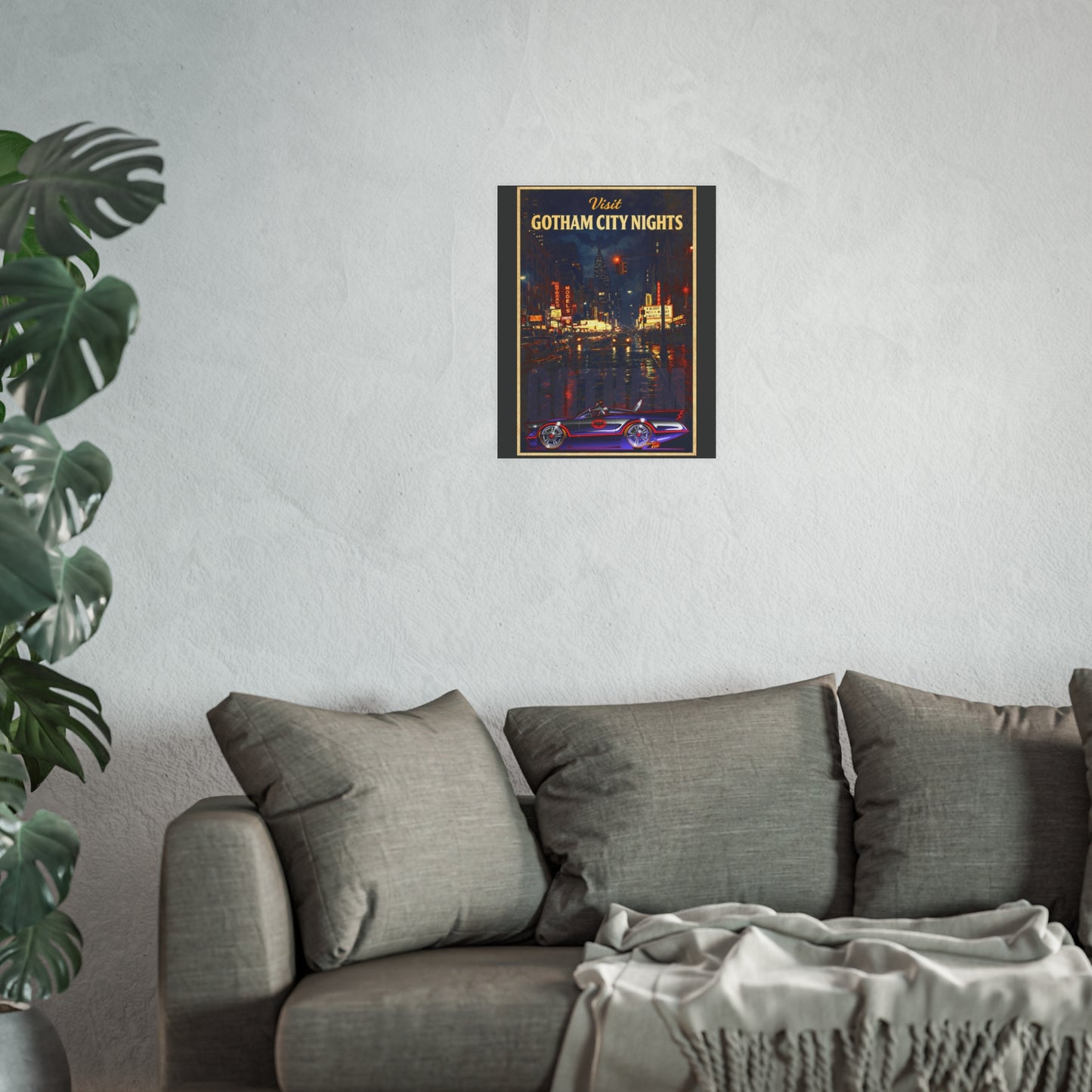 VISIT GOTHAM CITY NIGHTS 1966 Batmobile Vintage Fireball Art Travel Poster Satin/Matte
