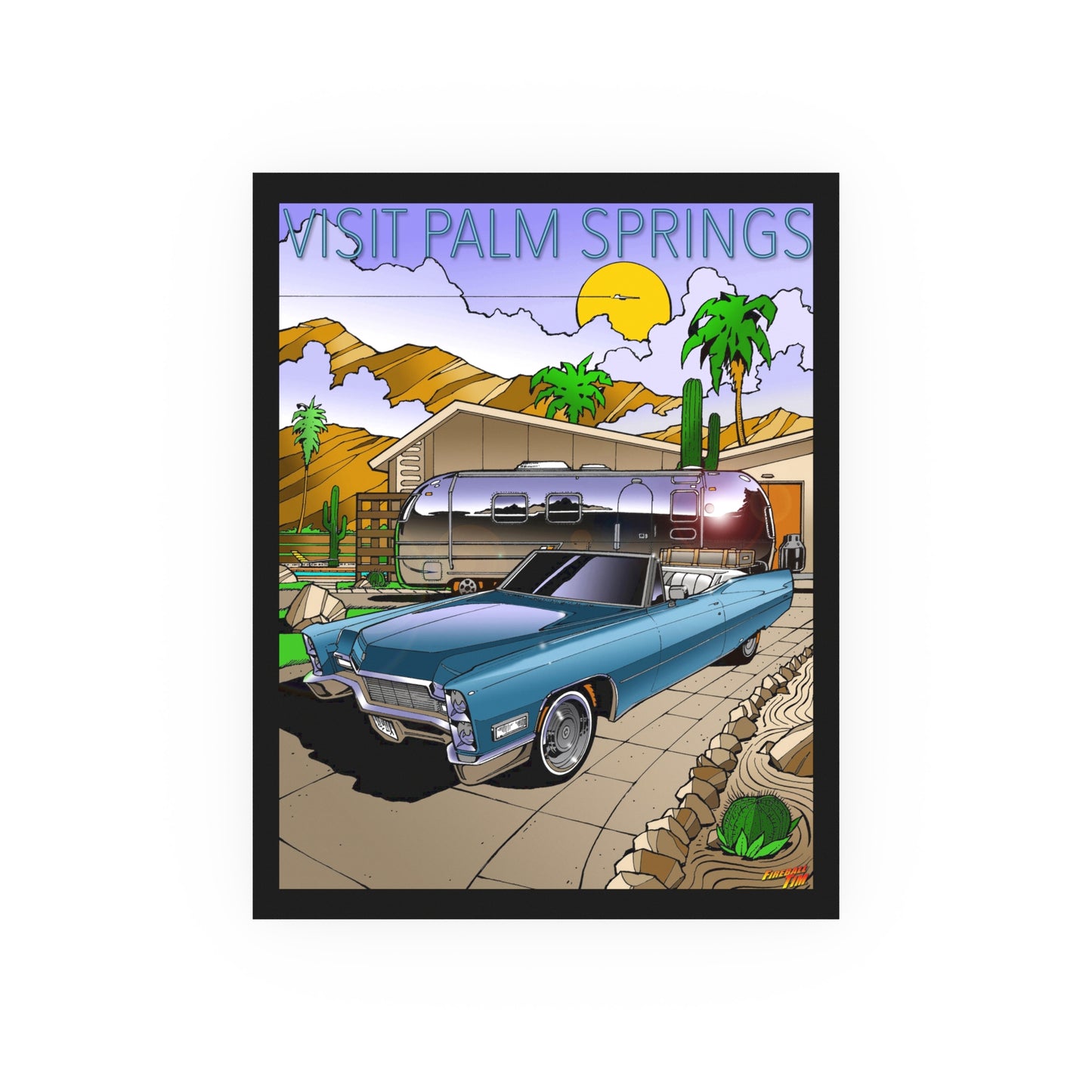 VISIT PALM SPRINGS Vintage 1965 Cadillac and Trailer Satin/Matte Fireball Art Poster