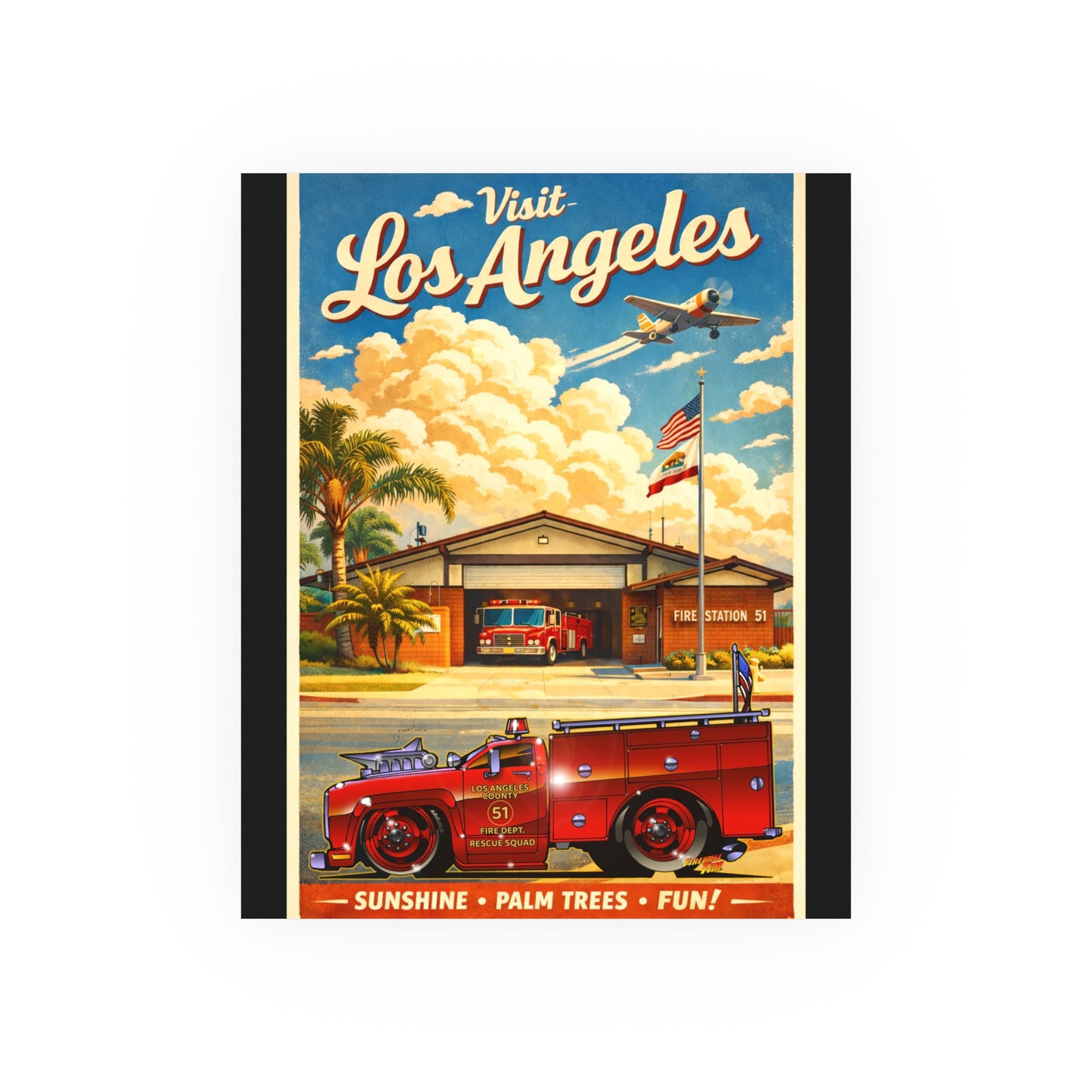 VISIT LOS ANGELES Emergency Station 51 Satin/Matte Fireball Art Poster