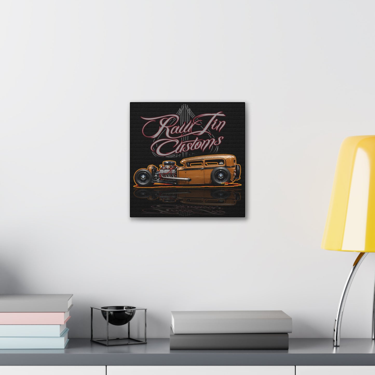 RAWTIN CUSTOMS HOT ROD Collectible Fireball Art Canvas Stretched Print