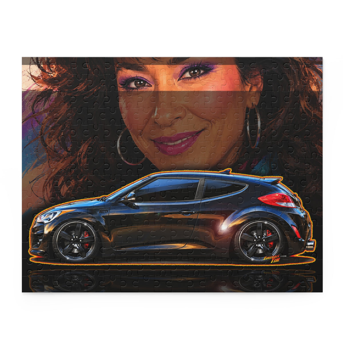 HYUNDAI VELOSTER 2012 Black Betty Collectible Fireball Art Jigsaw Puzzle — Retro Custom Cars (120/252/500‑Piece)
