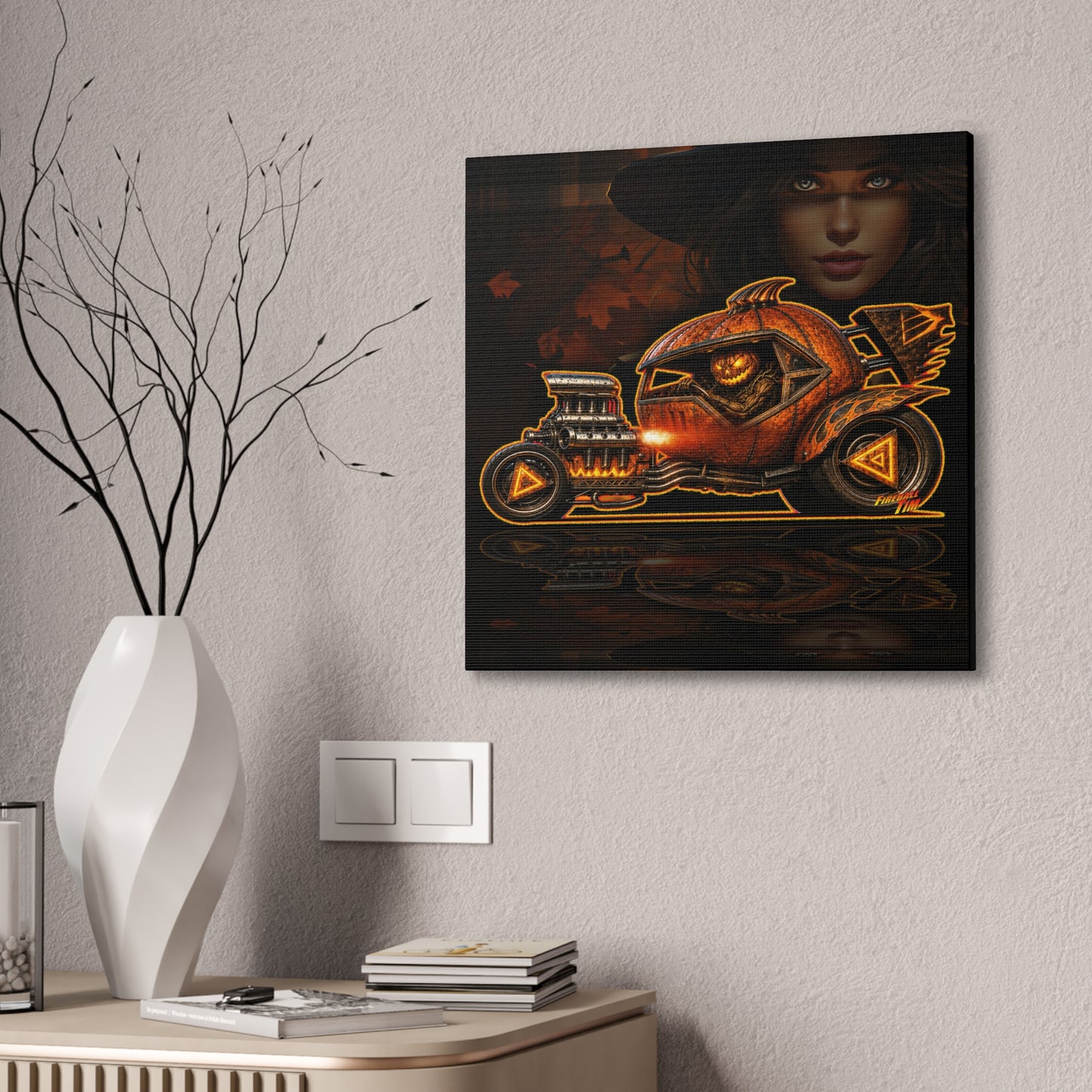 MONSTER MACHINES Halloween Power Pumpkin Collectible Fireball Art Canvas Stretched Print