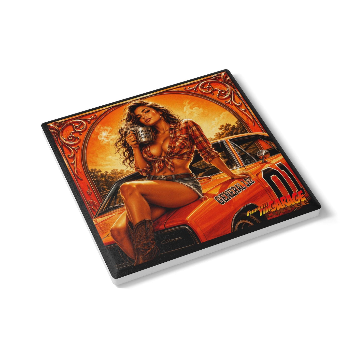 HIGH-OCTANE HAZZARD Pinup Muscle Car Ceramic Coffee Coaster — Retro Garage 'General Lee' Dukes of Hazzard