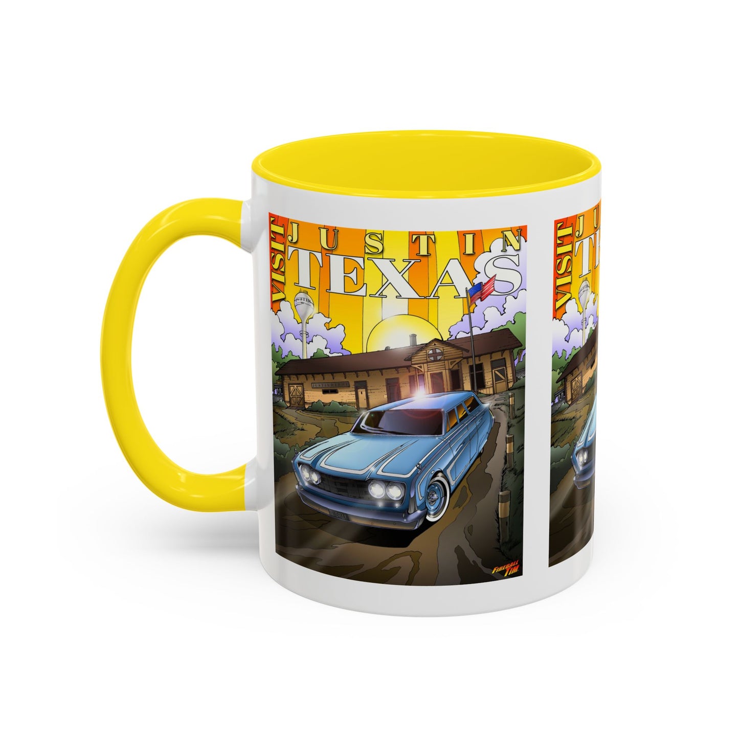 VISIT JUSTIN TEXAS 1960 Ford Ranch Wagon Fireball Art Coffee Mug