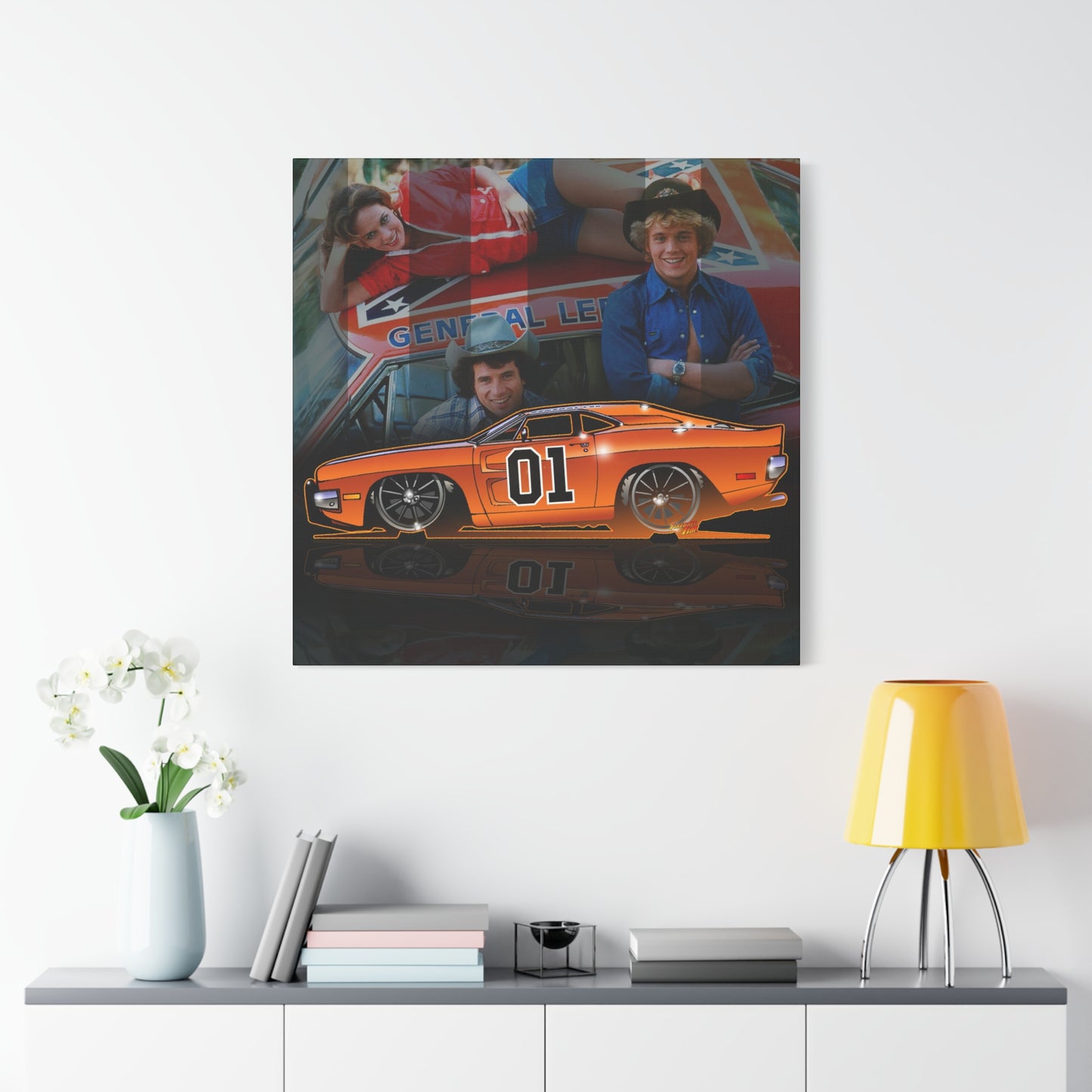 DUKES OF HAZZARD General Lee Dodge Charger Fireball Art Canvas Wall Print - 12x12