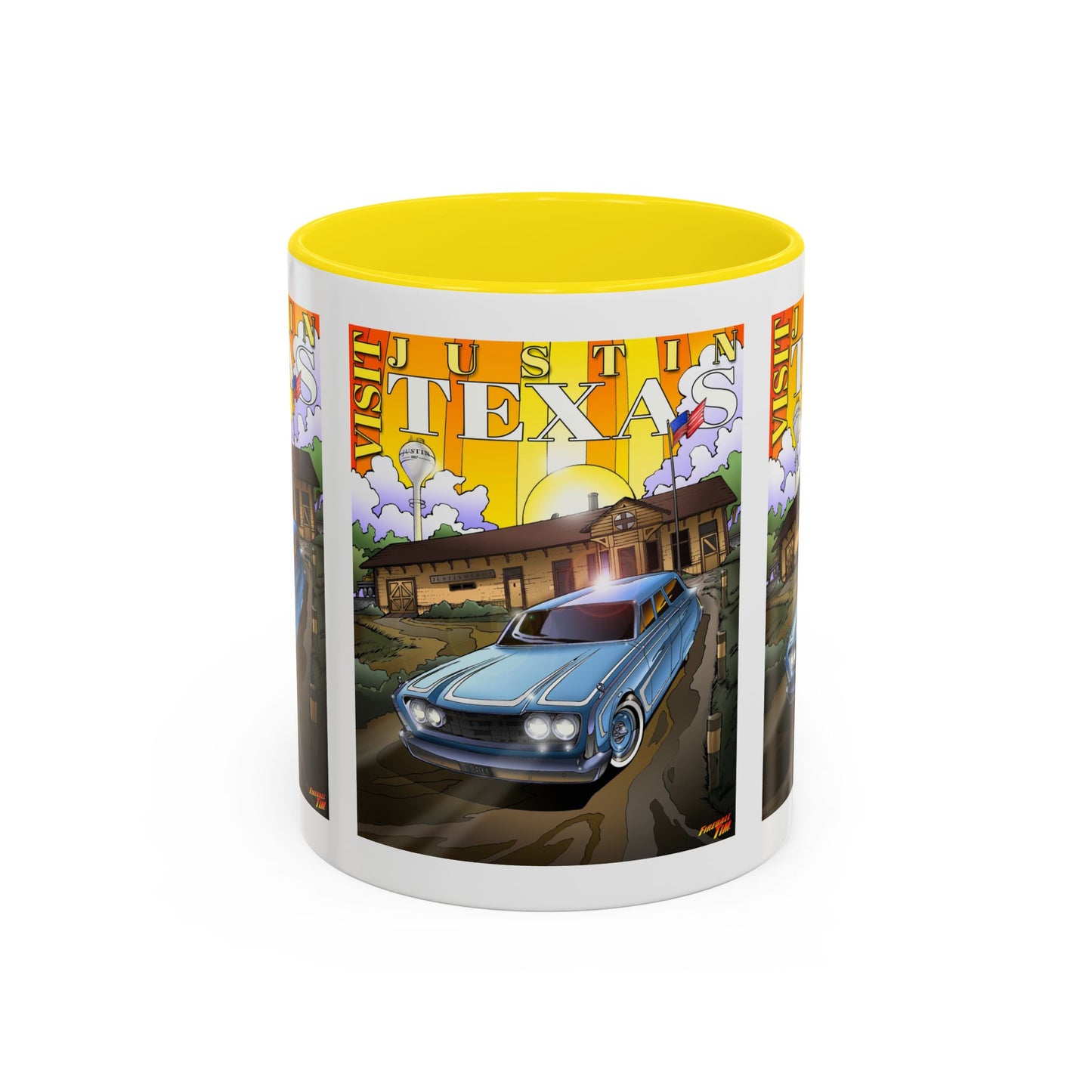 VISIT JUSTIN TEXAS 1960 Ford Ranch Wagon Fireball Art Coffee Mug