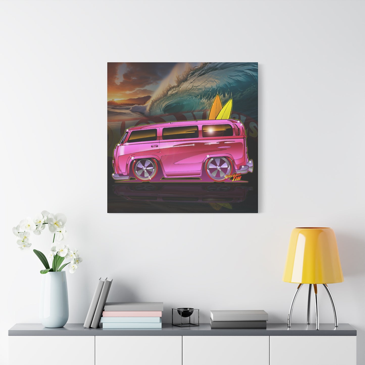 HOT WHEELS PINK BEACH BOMB BUS Fireball Art Canvas Print
