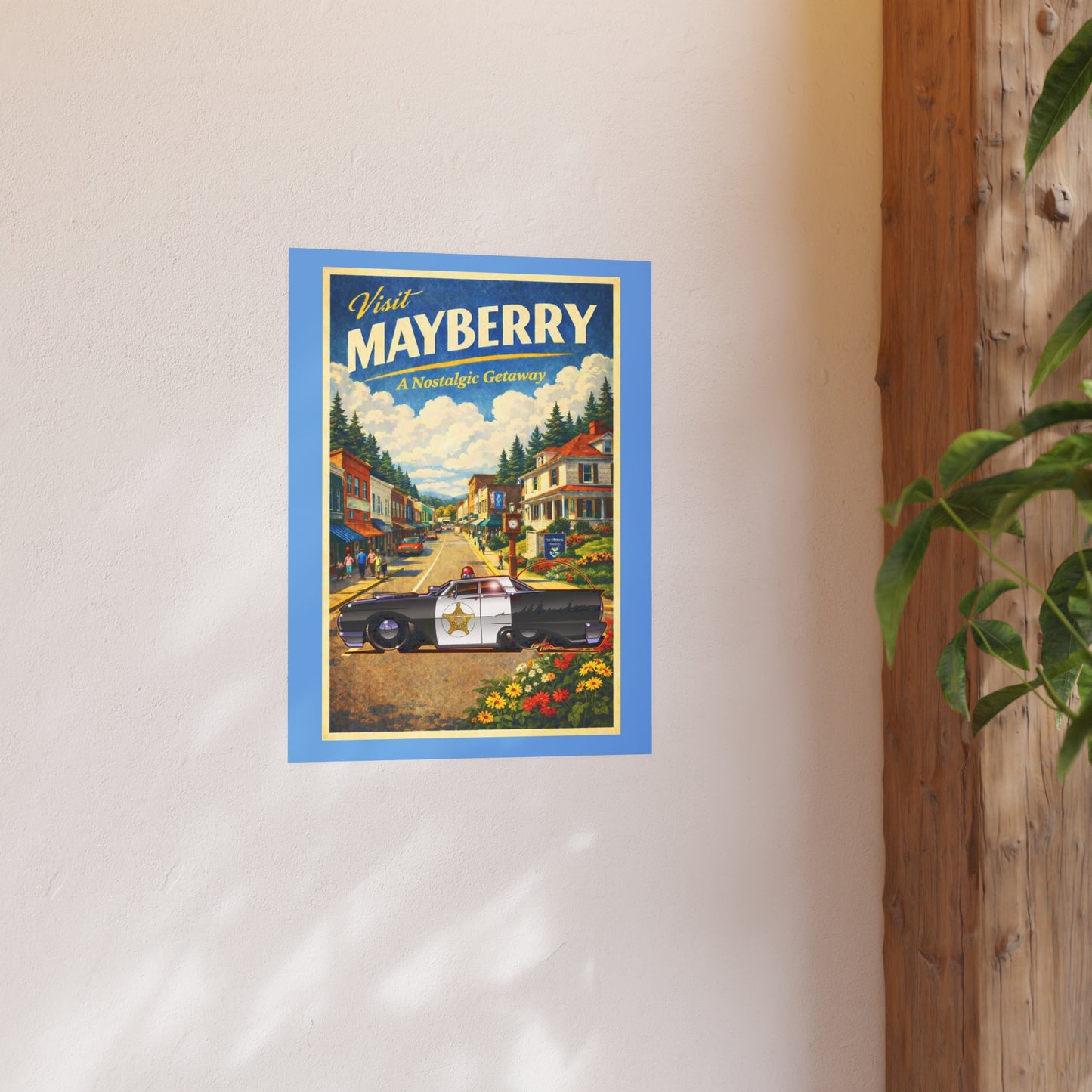 VISIT MAYBERRY Andy Griffith Police Car Vintage Fireball Art Travel Poster Satin/Matte
