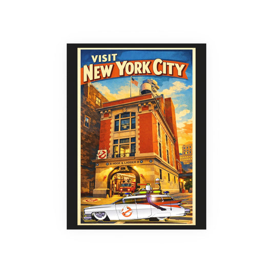 VISIT NEW YORK CITY Vintage Ghostbusters Cadillac Ambulance Fireball Art Travel Poster