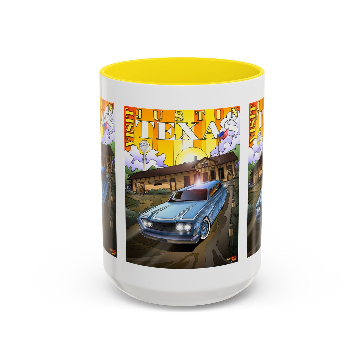 VISIT JUSTIN TEXAS 1960 Ford Ranch Wagon Fireball Art Coffee Mug