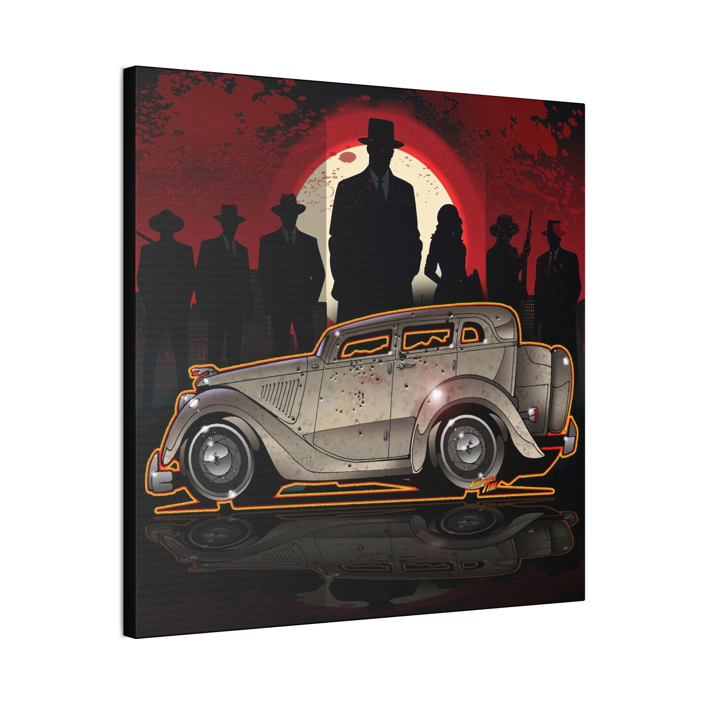 BONNIE & CLYDE 1934 Ford Model 730 Deluxe Sedan Fireball Art Canvas Print - 12x12