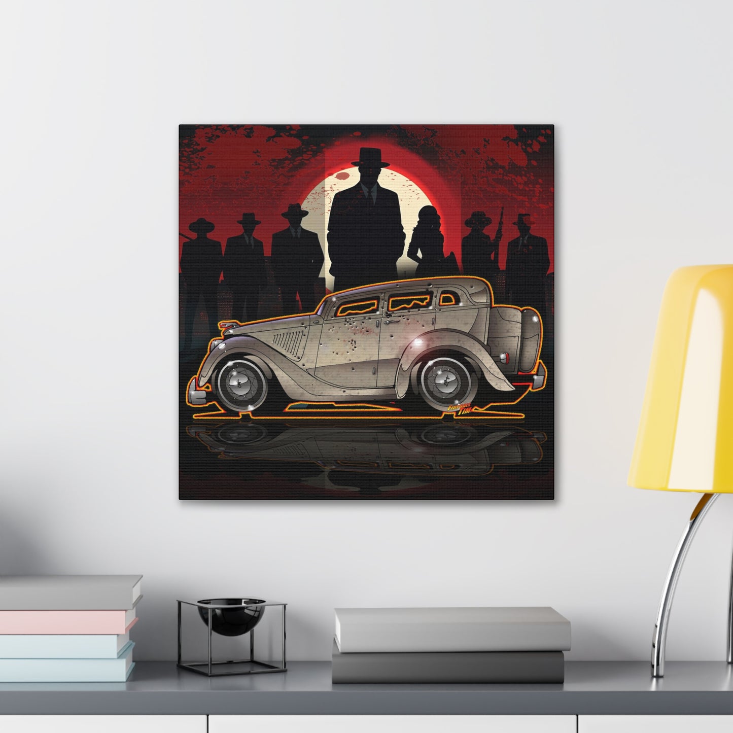 BONNIE & CLYDE 1934 Ford Model 730 Deluxe Sedan Fireball Art Canvas Print - 12x12