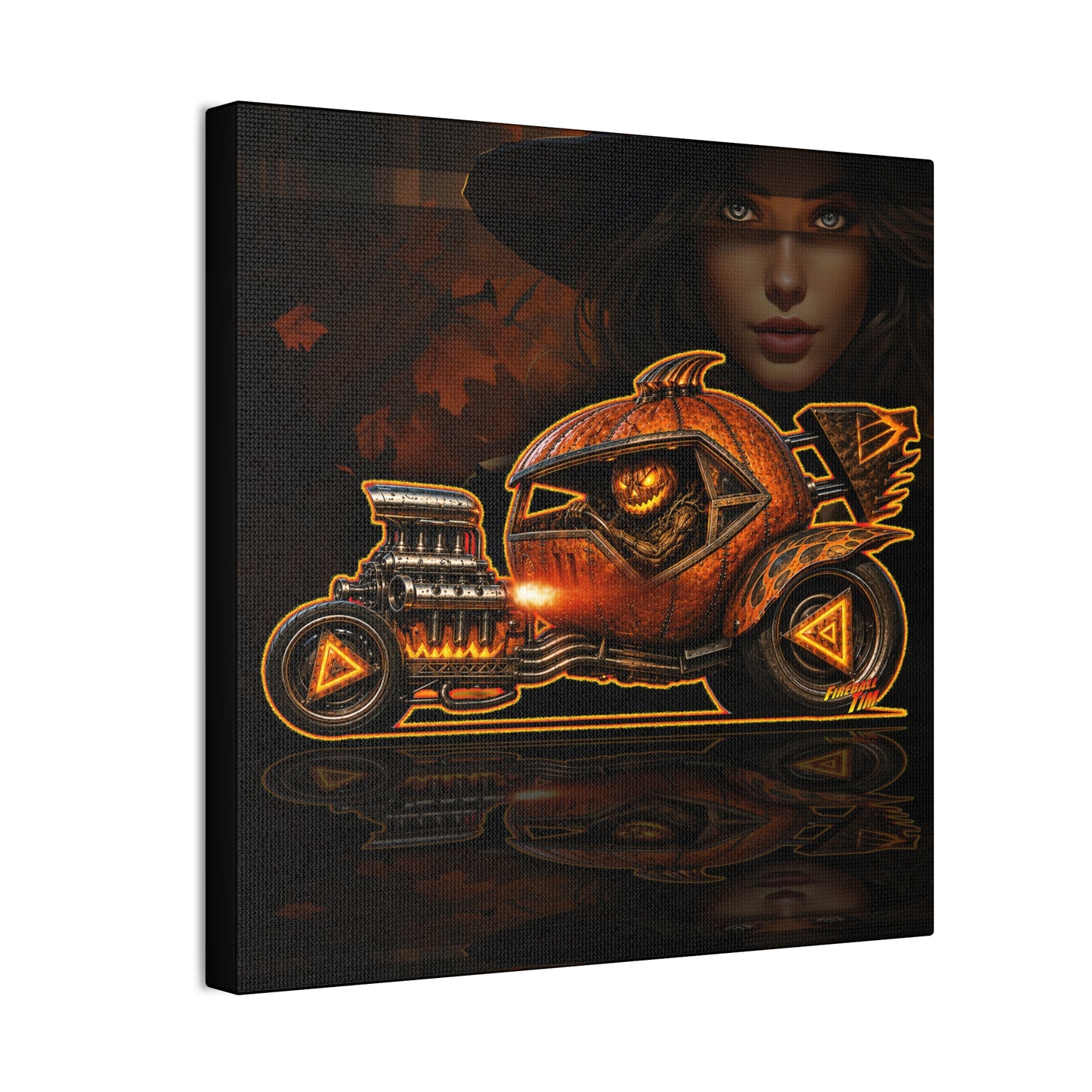 MONSTER MACHINES Halloween Power Pumpkin Collectible Fireball Art Canvas Stretched Print
