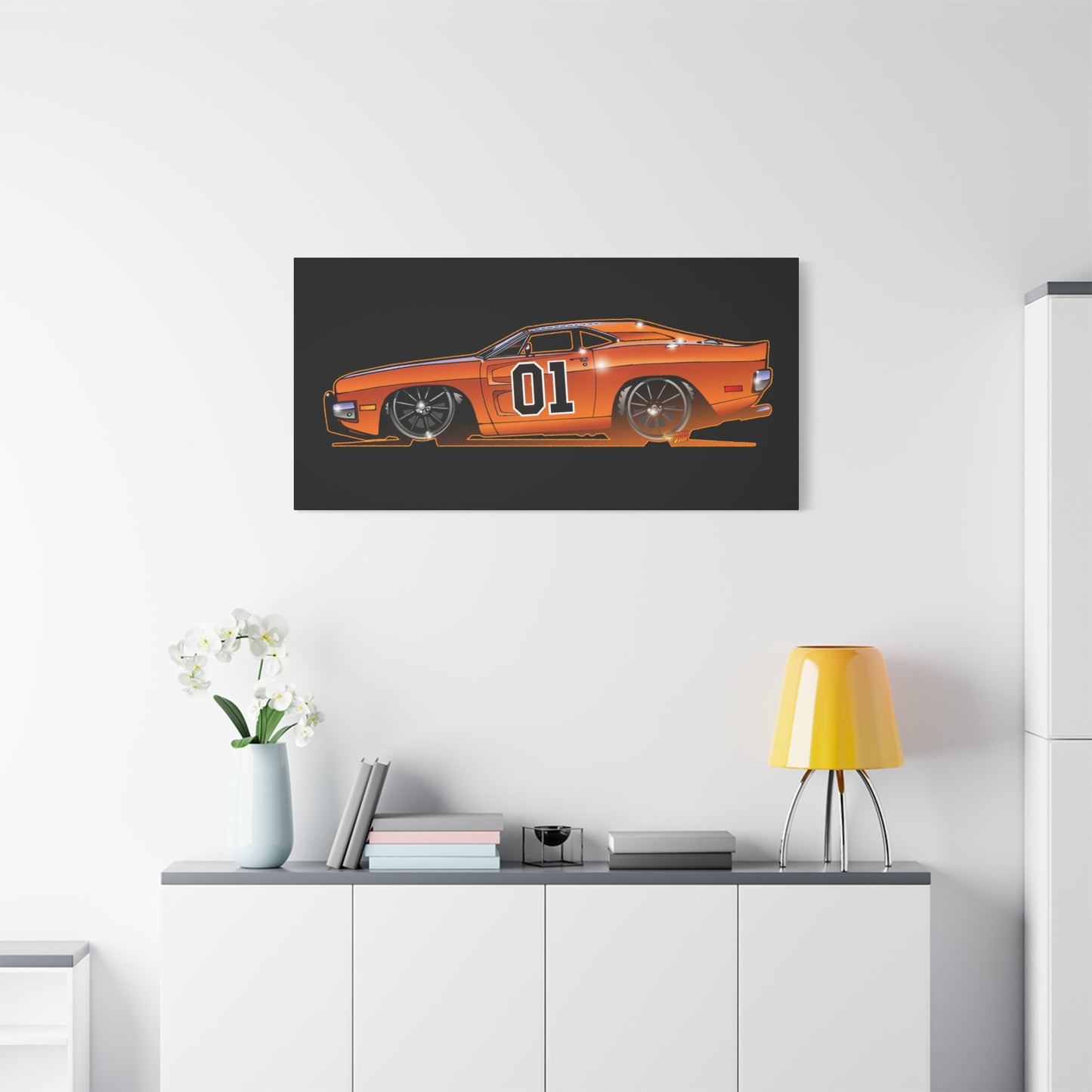 DUKES OF HAZZARD General Lee Dodge Charger Fireball Art Canvas Wall Print