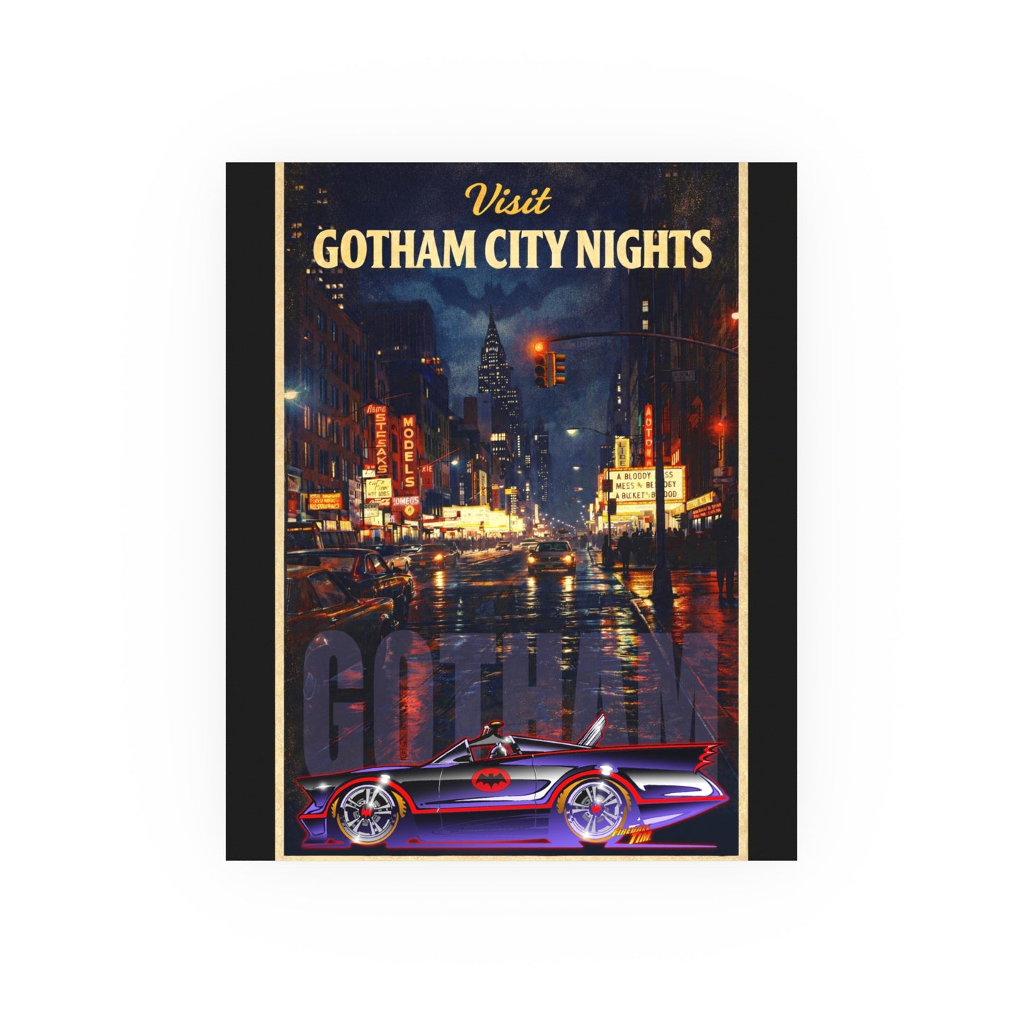 VISIT GOTHAM CITY NIGHTS 1966 Batmobile Vintage Fireball Art Travel Poster Satin/Matte