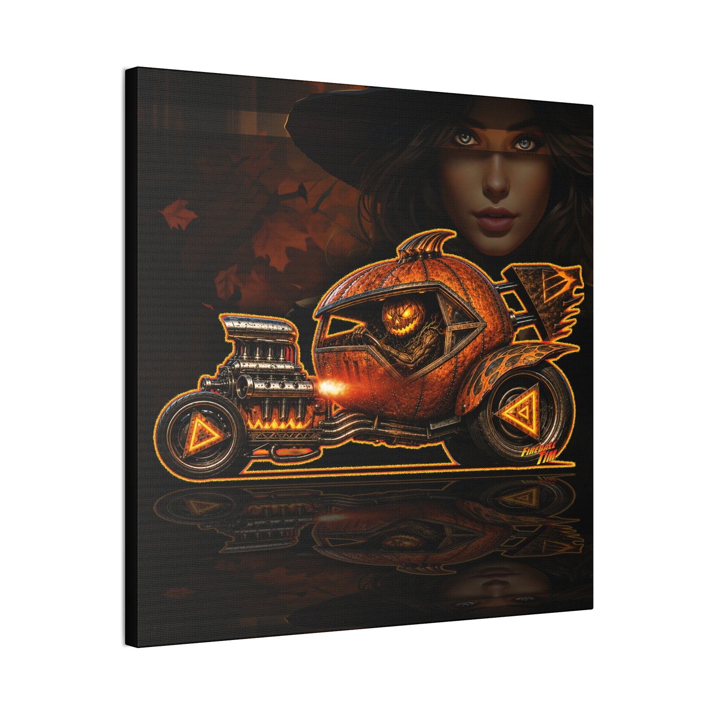 MONSTER MACHINES Halloween Power Pumpkin Collectible Fireball Art Canvas Stretched Print