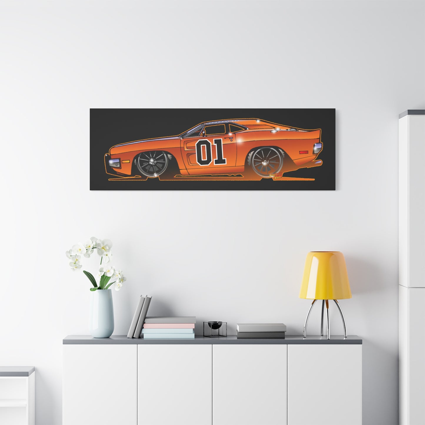DUKES OF HAZZARD General Lee Dodge Charger Fireball Art Canvas Wall Print