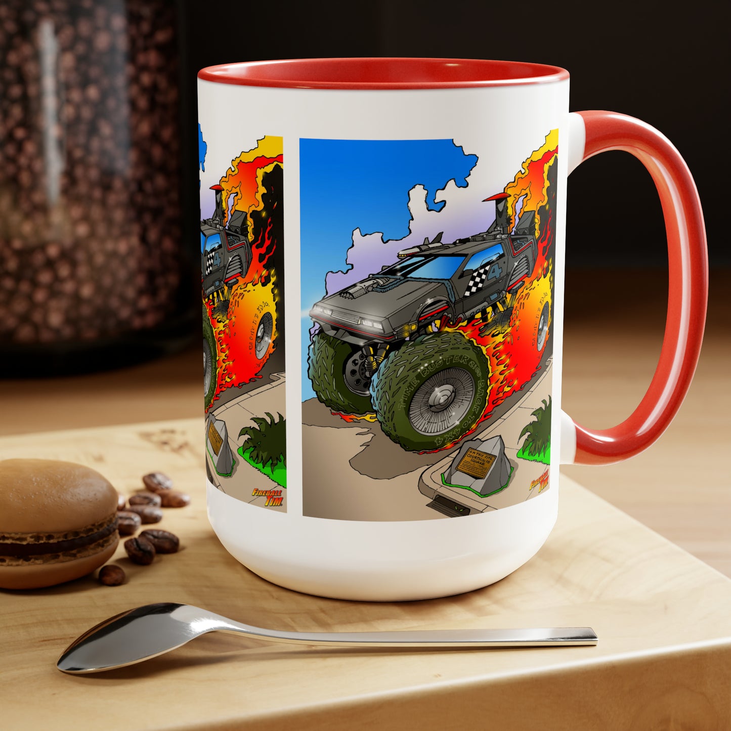 BACK to the FUTURE Delorean Monster Truck, Coffee Mug, Time Machine Delorean, BTTF, Fireball Tim Art, Car, Cars, Car Illustration