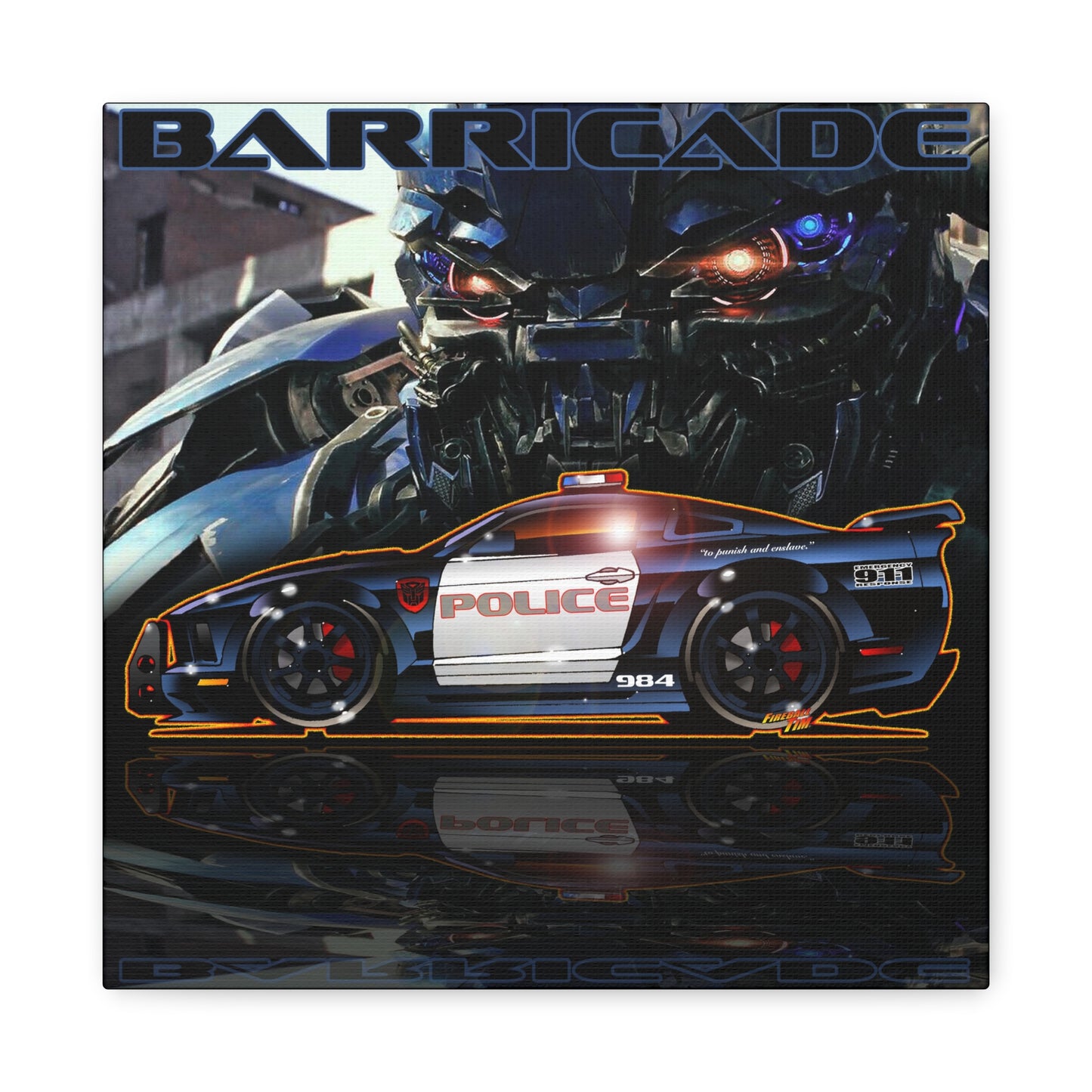 TRANSFORMERS BARRICADE Mustang Police Movie Car Fireball Art Collectible Canvas Print - 12x12
