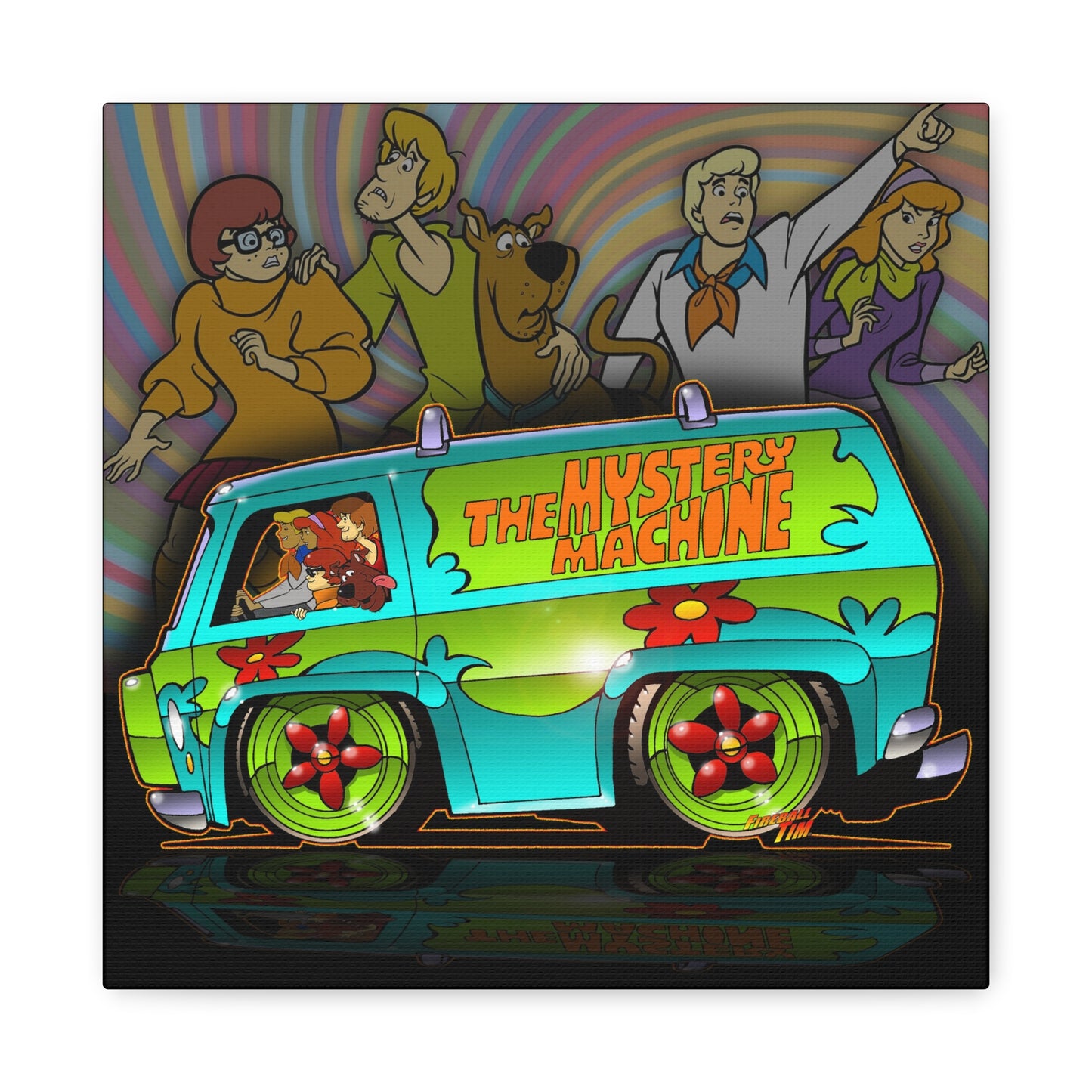 SCOOBY DOO MYSTERY MACHINE VAN Fireball Art Canvas Wall Print - 12x12