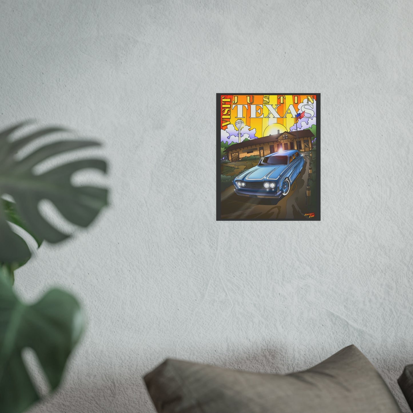 VISIT JUSTIN TEXAS Vintage 1960 Ford Ranch Wagon Satin/Matte Fireball Art Poster