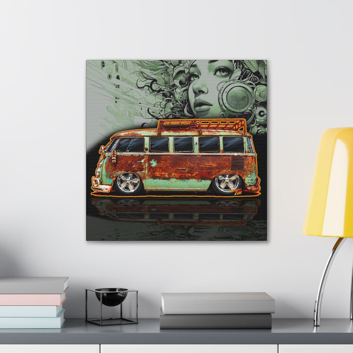KUSTOM VW VOLKSWAGEN BUS Collectible Fireball Art Canvas Stretched Print