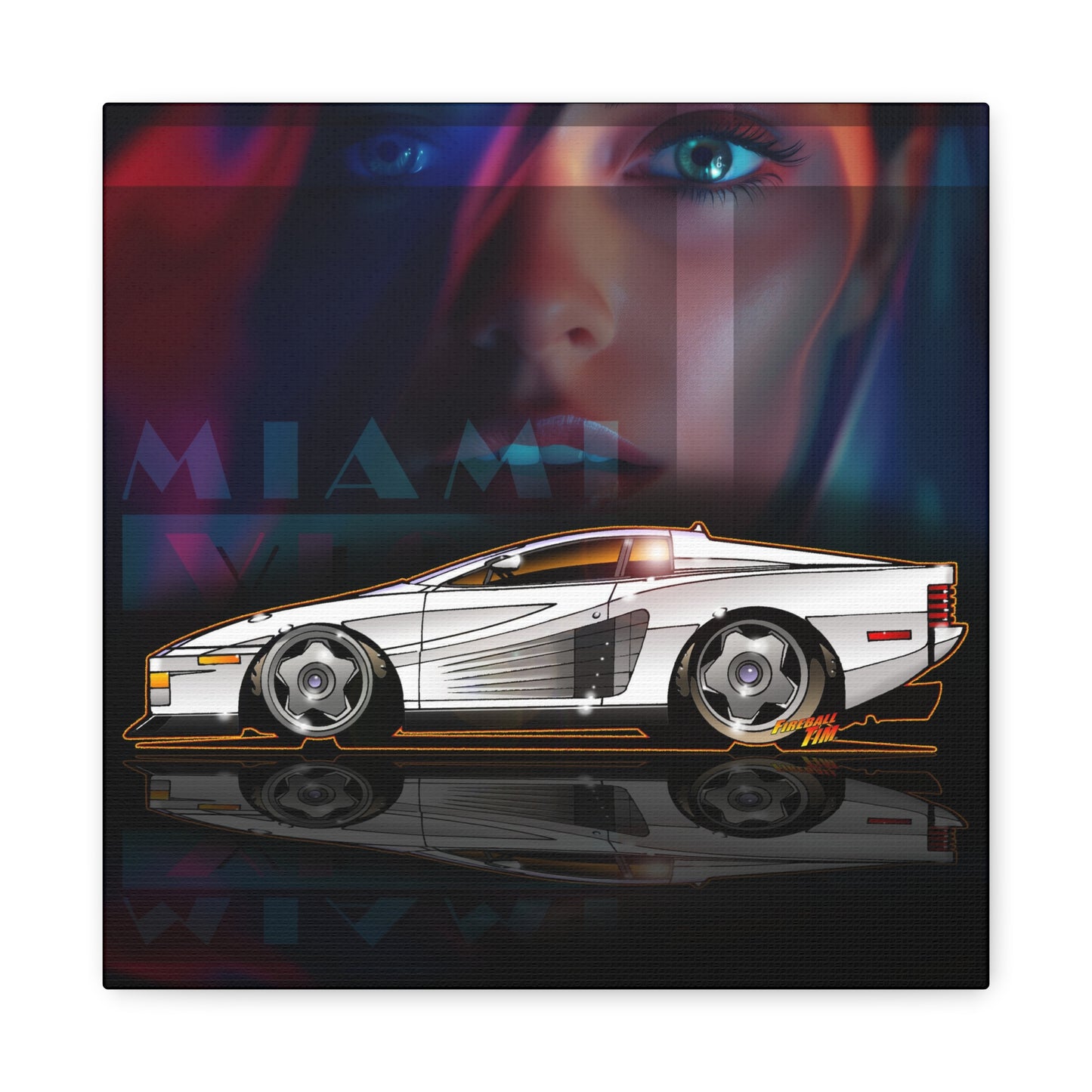 MIAMI VICE FERRARI TESTAROSSA Fireball Canvas Art Wall Print - 12x12