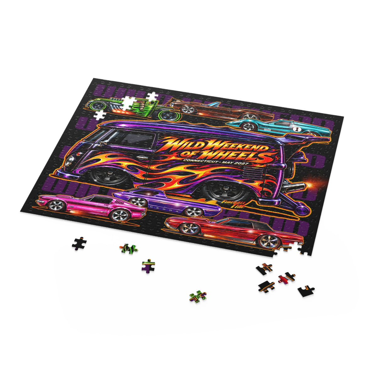 WILD WEEKEND of WHEELS Hot Wheels Jigsaw Puzzle — Retro Hot Rods (120/252/500‑Piece)