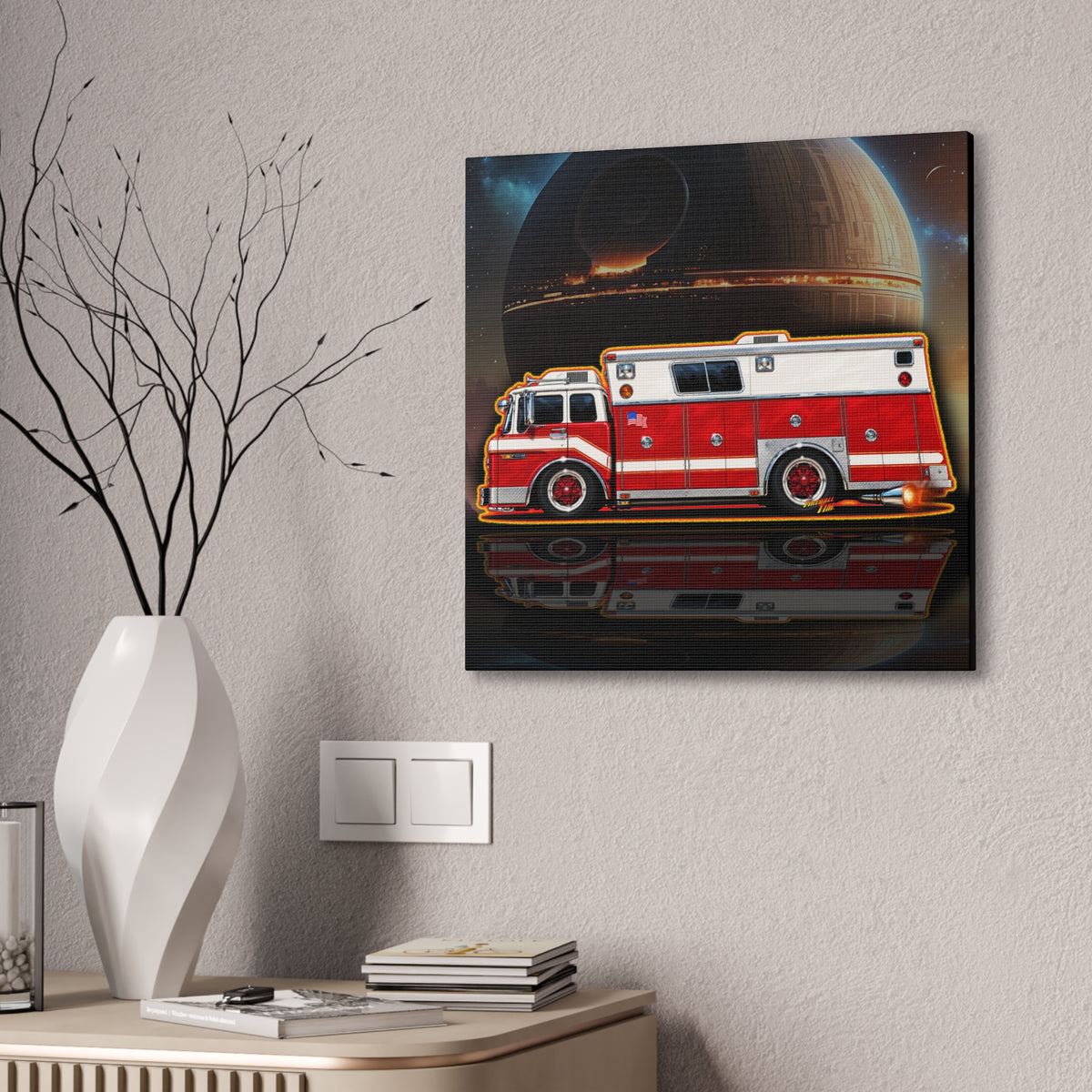 FIRE TRUCK Collectible Fireball Art Canvas Stretched Print