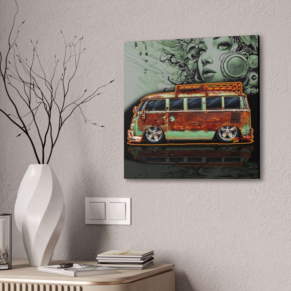 KUSTOM VW VOLKSWAGEN BUS Collectible Fireball Art Canvas Stretched Print