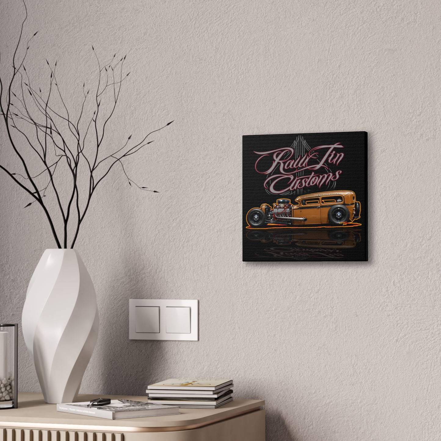 RAWTIN CUSTOMS HOT ROD Collectible Fireball Art Canvas Stretched Print