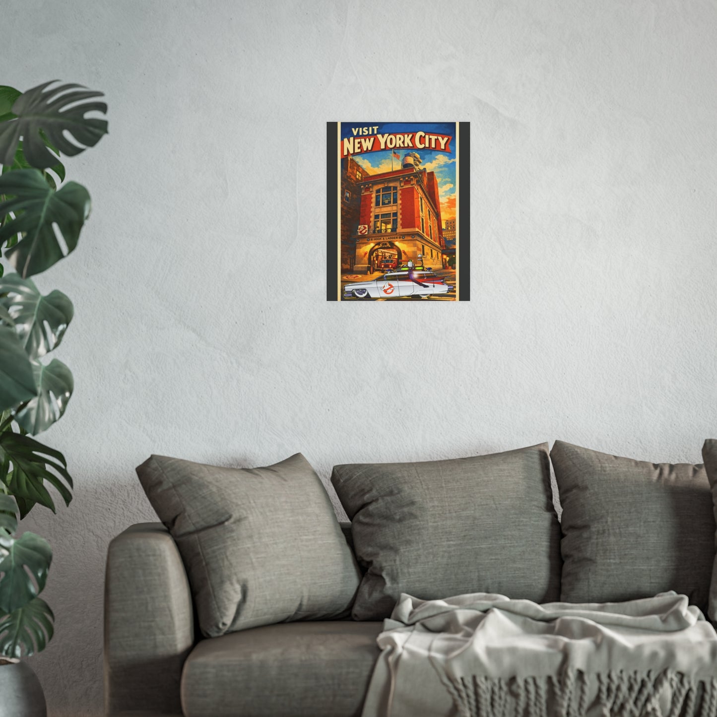VISIT NEW YORK CITY Vintage Ghostbusters Cadillac Ambulance Fireball Art Travel Poster