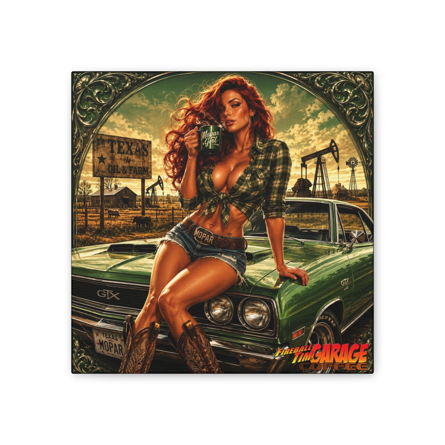 TEXAS BREAKFAST PINUP Collectible Fireball Art Canvas Stretched Print